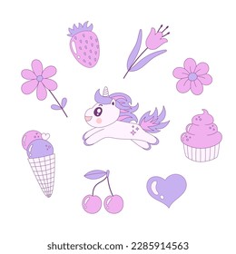 Childish unicorn poster, greeting card. Vector y2k pastel set with cute unicorn, ice cream, strawberry, cherry, flowers, cake for kids birthday decoration, print