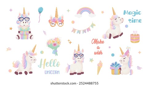 Childish unicorn set. Vector characters collection for birthday, invitation, baby shower card, kids t-shirts and stickers kit. Cute nursery illustration.