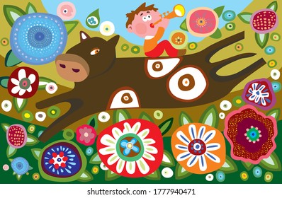 abstracción vectorial infantil con flores primaverales