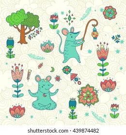 childish vector background with forest glade. doodle illustration with tree, flowers and cute cartoon characters