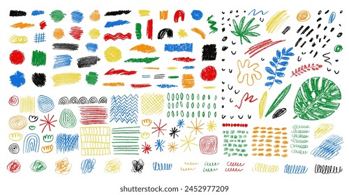 Childish vector charcoal scribble textures. Vector hand-drawn set. Chalk crosshatch textured doodle shapes. Oil pastel smears, scrawls, scratches. Kids crayon drawings on white