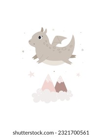 Childish vector illustration with adorable dragon flying in the sky. Sweet design for posters, nursery decorations, frame art, kids print