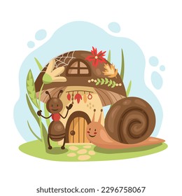 Childish vector illustration. Ant and snail cartoon characters with big mushroom. Natural elements flat design for kids, posters, cards.