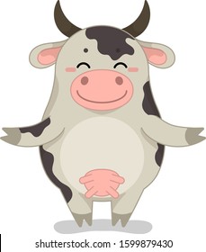 Childish vector illustration with cartoon animal character. Cute happy cow.