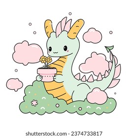 Childish vector illustration of cute chineese dragon holding flower pot. Pink, green, yellow pastel colors. Kawaii hand drawn style graphic for greeting card, postcard, poster, banner, invitation.