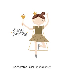 Childish vector illustration of cute dancing princess in boho style isolated on white background for your design