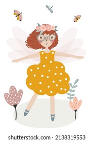 Childish vector illustration of a cute fairy girl with wings dancing around flowers and butterflies. Banner of a little girl with flowers, butterflies, and dragonflies isolated on white background.
