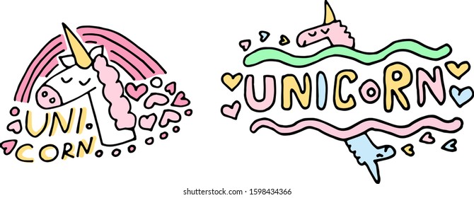 Childish Vector illustration with hand drawn unicorn with lettering.  Isolated on white background. Hearts and rainbow around. Cute and funny animal