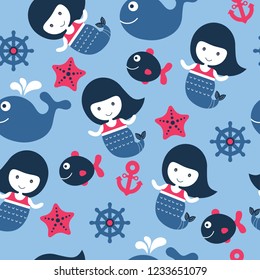 childish vector nautical seamless pattern with cute mermaid