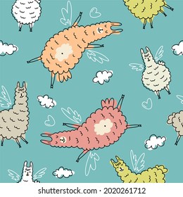 Childish vector pattern alpaca with wings flying in the sky