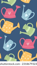 Childish vector pattern with colorful watering cans on a blue background. Texture with gardening tools. Background with sprinklers toys for wrapping paper, fabric and your creativity.