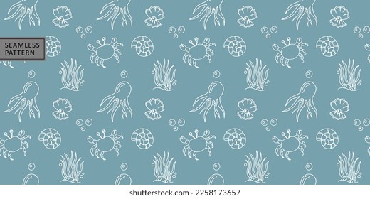 Childish vector seamless marine pattern with crabs, clams, shells, octopus, algae for children's textiles, wrapping paper, covers and backgrounds