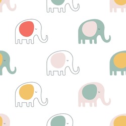 Childish Vector Seamless Pattern With Cute Hand Drawn Elephants In Simple Cartoon Doodle Style.