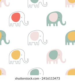 Childish vector seamless pattern with cute hand drawn elephants in simple cartoon doodle style.