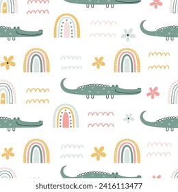 Childish vector seamless pattern with cute hand drawn crocodiles and rainbows in simple cartoon doodle style.