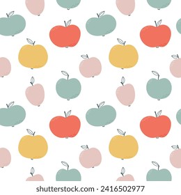 Childisches, nahtloses Muster mit süßen, handgezeichneten bunten Äpfeln, die auf eine geschlechtsneutrale Palette beschränkt sind.