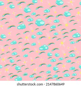 Childish vector seamless pattern in flat style. Texture with clouds, rainbow and stars on a pink background. Print for children's textiles.