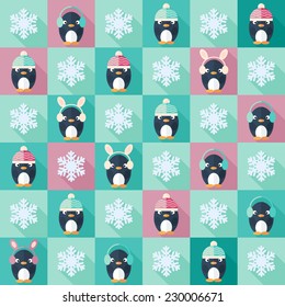 Childish vector seamless pattern in flat design with penguins and snowflakes