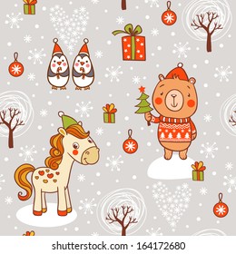 Childish vector seamless pattern with horse, bear in sweater and penguins.