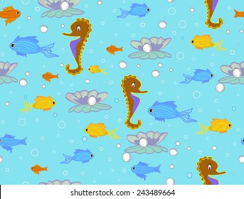 Childish vector seamless pattern illustrating underwater marine life: fish, pearls, seahorses