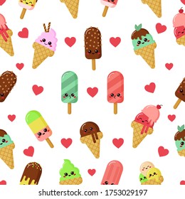 Childish vector seamless pattern of kawaii cartoon ice creams with faces. Ice cream with different flavors: strawberry, cherry, vanilla, mint and chocolate. Summer cold sweets.