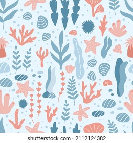 Childish vector seamless pattern with underwater ocean plants. Sea marine life. Coral reefs. Hand drawn seaweeds, stones, marine algae and shells.