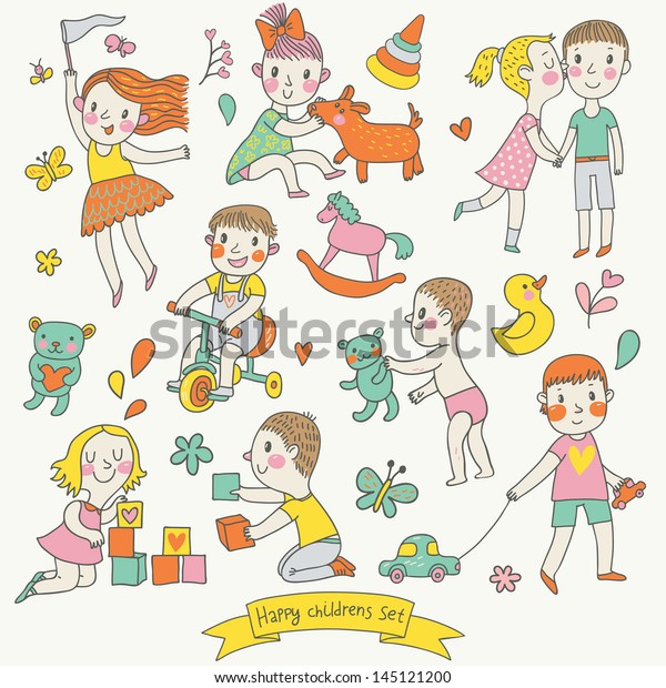 Childish vector set in cartoon\
style. Funny boys and girls playing with toys, riding a bicycle and\
playing with pets. Cute cartoon vector elements in bright colors\
