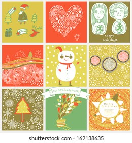 Childish vector set of nine christmas cards. Funny vintage Christmas and New Year set with snowman, children, balls, trees, gifts, deer, stars, Santa Claus. Collection of retro illustrations