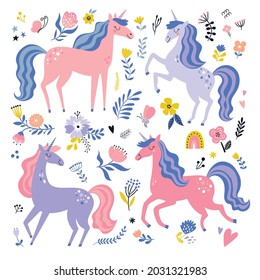 Childish vector set with unicorns. Creative nursery background. Perfect for kids design, print, poster, wallpaper, textile, apparel