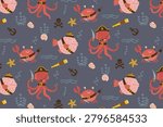 Childish vector texture with funny cartoon underwater characters like octopus and crab wearing corsair hats over grey backdrop. Vector illustration