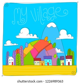 childish village drawing. vectoral line art. children books, magazines, web pages.
