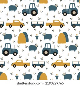 Childish village pattern with cars. Tractor, trailer haystack scarecrow rooster. Scandinavian ranch transport on white background. Rustic seamless print for baby fabric, infant textile, boy wallpaper.
