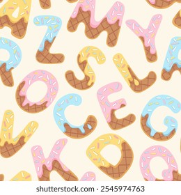 Childish wafer cream alphabet vector pattern ABC letter in style of ice cream Cartoon alphabet seamless design for printing on childish textiles kids birthday party nursery poster card packaging paper