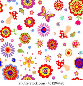 Childish wallpaper with colorful abstract flowers and mushrooms