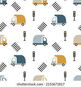 Childish wallpaper. Dump trucks. Cars transport travel on city road with crossing, traffic light. Cute seamless pattern. Сartoon construction vehicles. Scandinavian style print. Tippers for baby boys.