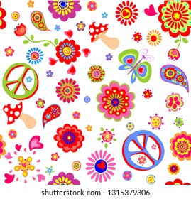 Childish wallpaper with hippie peace symbol, flower-power, poppies, butterfly, mushroom and paisley