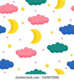 Childish wallpaper seamless cloud and moon pattern background. Abstract  swatch for design kids bedroom wall, nappy, birthday card, textile etc. 