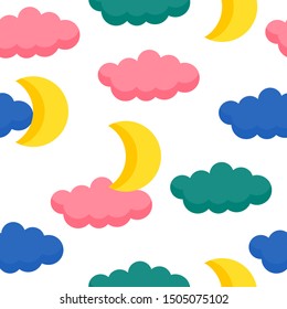 Childish wallpaper seamless cloud and moon pattern background. Abstract  swatch for design kids bedroom wall, nappy, birthday card, textile etc. 