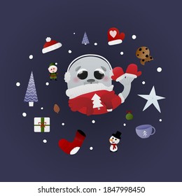 Childish walrus character in winter ugly sweater around gifts, cookies and socks, christmas atmosphere, circle frame from new year symbols, greeting card