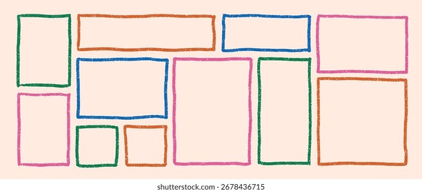 Childish wax crayon drawn rectangle frames set. Colorful funky abstract border with rough texture, playful pastel square frame vector design