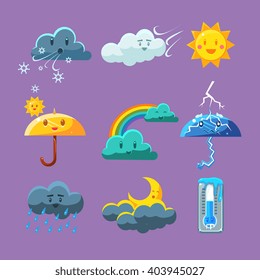 Childish Weather Set Of Flat Vector Cartoon Style Isolated Cute Girly Drawings On Light Blue Background