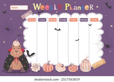 Planejador semanal infantil com capivara, morcego e abóbora. Modelo de agendamento, planejador semanal para impressão. Desenho animado Halloween ilustração vetor de fundo para crianças. Perfeito para planos de férias.