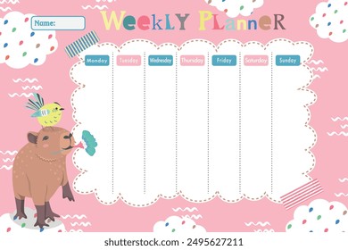 Childish weekly planner with cartoon capybara, bird and cloud. Schedule template, weekly planner for printing. Cartoon vector illustration for kids. Pink background. Perfect for summer vacation plans.