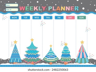 Childish Weekly Planner with cartoon Christmas trees and cute elements. Schedule template, weekly planner for printing. Cartoon vector illustration for kids.