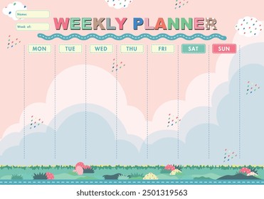 Childish weekly planner with cartoon scenery. Schedule template, weekly planner for printing. Cartoon vector illustration for kids. Perfect for summer vacation plans.