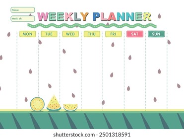 Childischer Wochenplaner mit Cartoon-Wassermelone. Vorlage planen, Wochenplaner für den Druck. Cartoon, Vektorgrafik für Kinder. Weißer Hintergrund. Perfekt für Sommerferien.