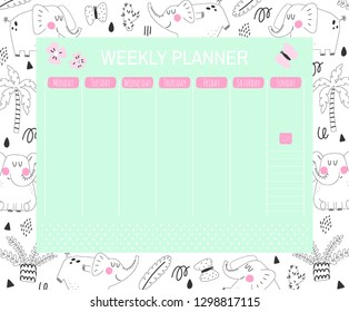 Childish weekly planner with cute elephants and tropical plants. A timetable for elementary school. Vector illustration.