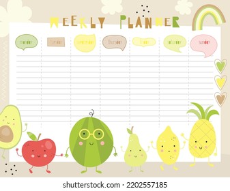 Planner semanal infantil con frutas frescas. Los niños de frutas programan la plantilla de diseño en estilo de dibujos animados. Ilustración del vector