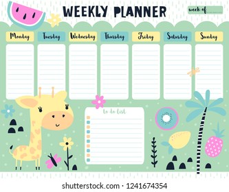Childish weekly planner and to do list with cute giraffe and tropical fruits. A timetable for elementary school. Vector illustration.