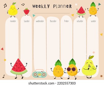 Childish Weekly Planner with Music Fruits. Fruit Kids schedule design template in cartoon style. Vector illustration